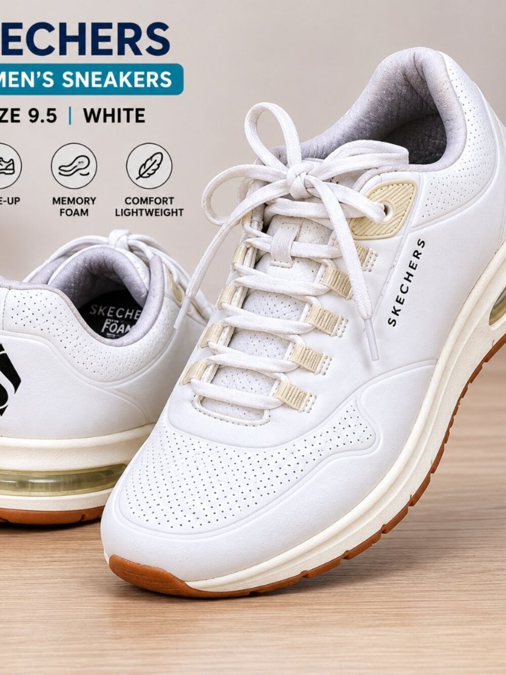 Skechers Womens White Sneakers Size 9.5 Memory Foam Lace Up Comfort Shoes
